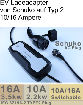 EV Ladekabel Typ von Schuko auf Typ2 , 10/16 Ampere (Mode2) z.B f Audi A3 e-tron