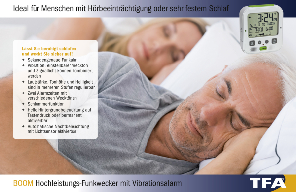 TFA 60.2538.02 FUNKWECKER BOOM Vibrationsalarm Lichtsensoe SNOOZE 2 ALARME LAUT